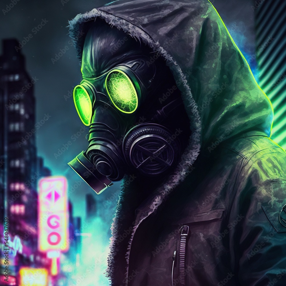 Hooded man in gas mask on cyberpunk city streets with buildings and neon  signs in the background. Epic video game character design. Stock  Illustration | Adobe Stock