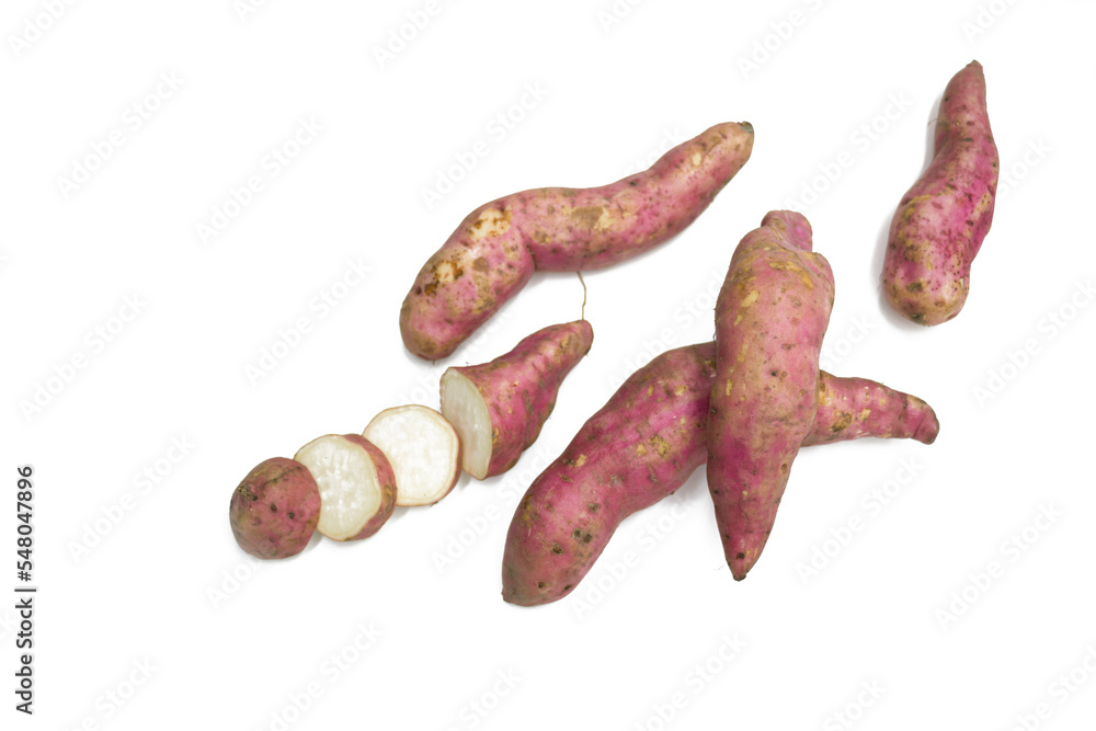 Fresh Sweet potato slices isolate on the white background.Top view Fresh Sweet potato slices isolate on the white background.Top view
