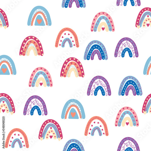 Rainbow seamless pattern in pastel colors. Scandinavian baby hand drawn illustration for textiles and newborn clothes.