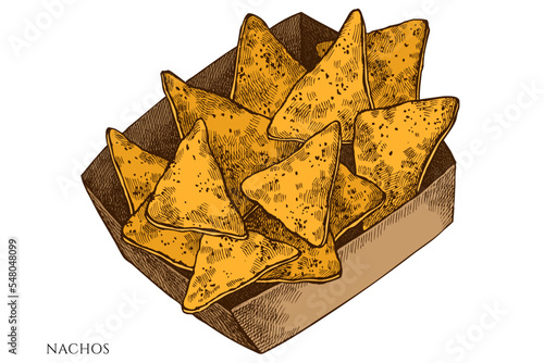 Street food hand drawn vector illustrations collection. Colored nachos.