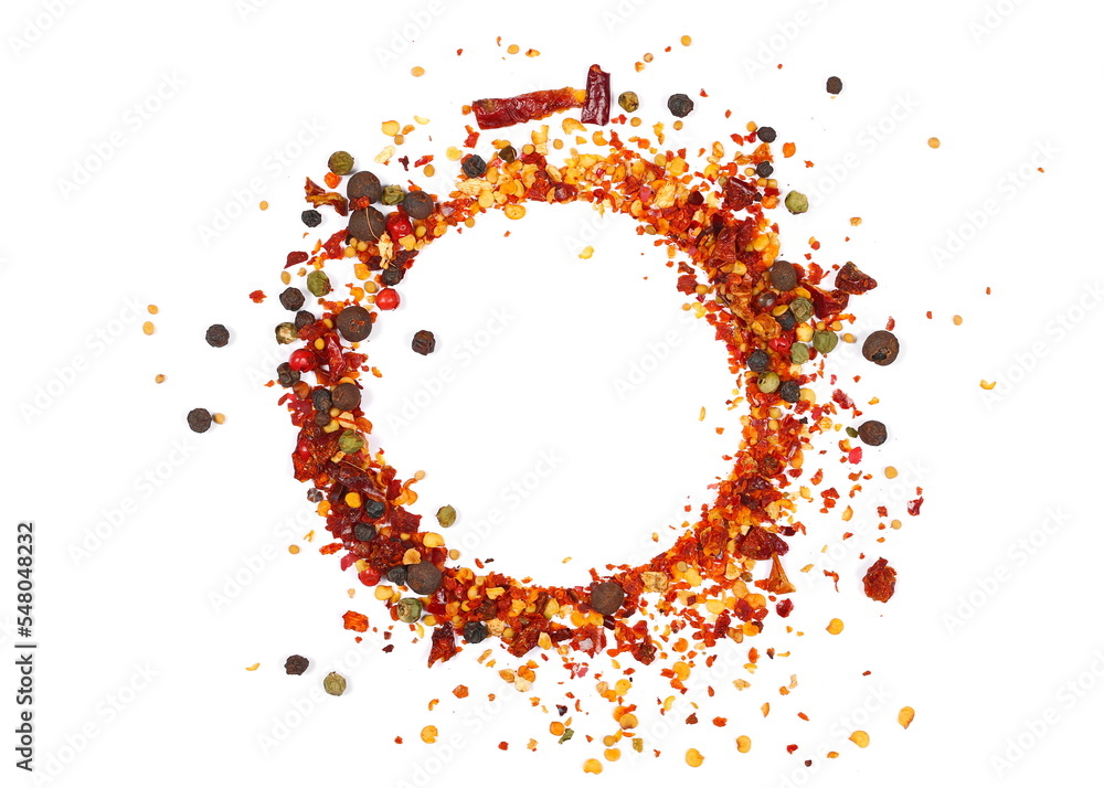Spicy mixture of spices with chopped lemon peel, chili, peppercorns (black, green and red), mustard seeds, allspice, chopped ginger, isolated on white, top view - obrazy, fototapety, plakaty 