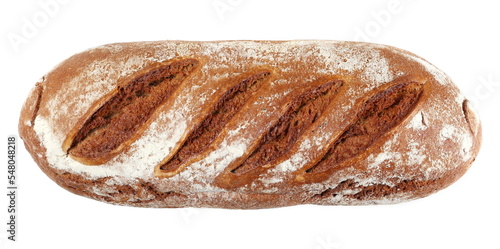 Integral rye bread loaf with isolated on white, top view  