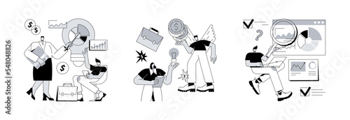 Startup development abstract concept vector illustration set. Business plan, angel investor, risk management, entrepreneur, fundraising and online crowdfunding, investment capital abstract metaphor.