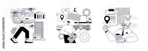Logistics service provider abstract concept vector illustration set. Inland transport, container transportation, freight quote request, land port, ship loading, shipping proposal abstract metaphor.