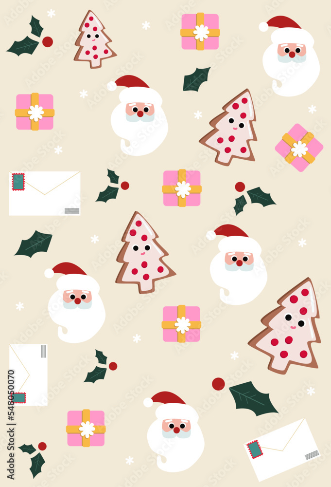 Winter seamless pattern with Santa Claus, gifts, snowflakes and gingerbread on yellow background.Surface design for textile, fabric, wallpaper, wrapping, giftwrap, paper, scrapbook and packaging Winter seamless pattern with Santa Claus, gifts, snowflakes and gingerbread on yellow background.Surface design for textile, fabric, wallpaper, wrapping, giftwrap, paper, scrapbook and packaging
