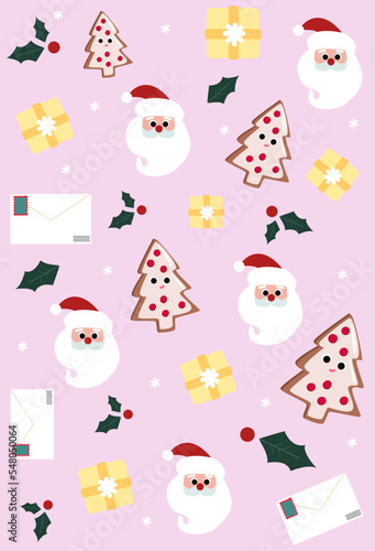 Winter seamless pattern with Santa Claus, gifts, snowflakes and gingerbread on pink background.Surface design for textile, fabric, wallpaper, wrapping, giftwrap, paper, scrapbook and packaging