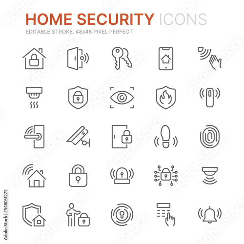 Collection of home security related outline icons. 48x48 Pixel Perfect. Editable stroke