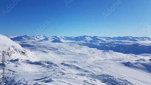 View over snowy swedish mountains in Riksgränsen, Lappland.