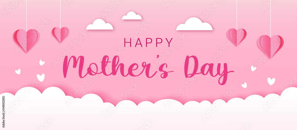 Happy Mother's day banner or postcard with paper cut flying elements on pink background, vector symbols of love in shape of heart for greeting card design in paper cut style Happy Mother's day banner or postcard with paper cut flying elements on pink background, vector symbols of love in shape of heart for greeting card design in paper cut style