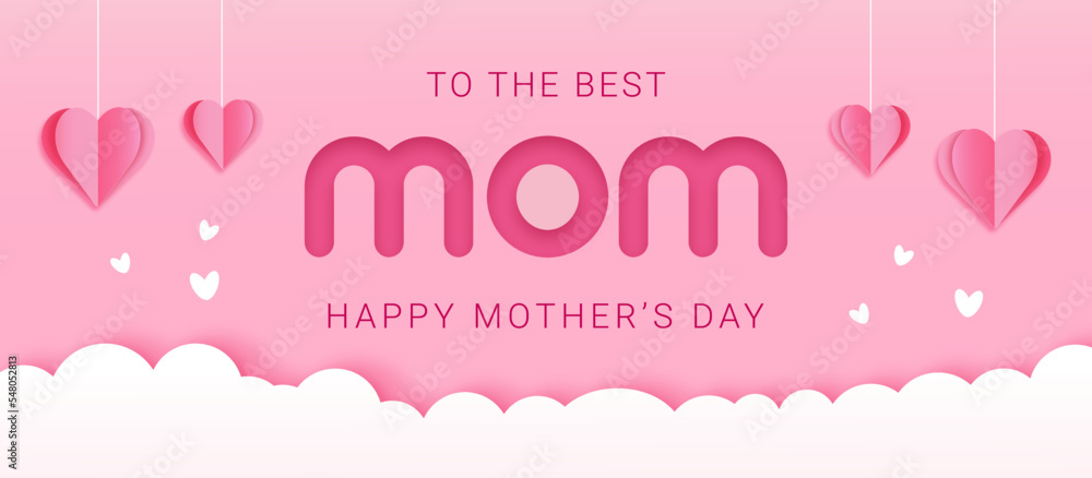 Happy Mother's day banner or postcard with paper cut flying elements on pink background, vector symbols of love in shape of heart for greeting card design in paper cut style