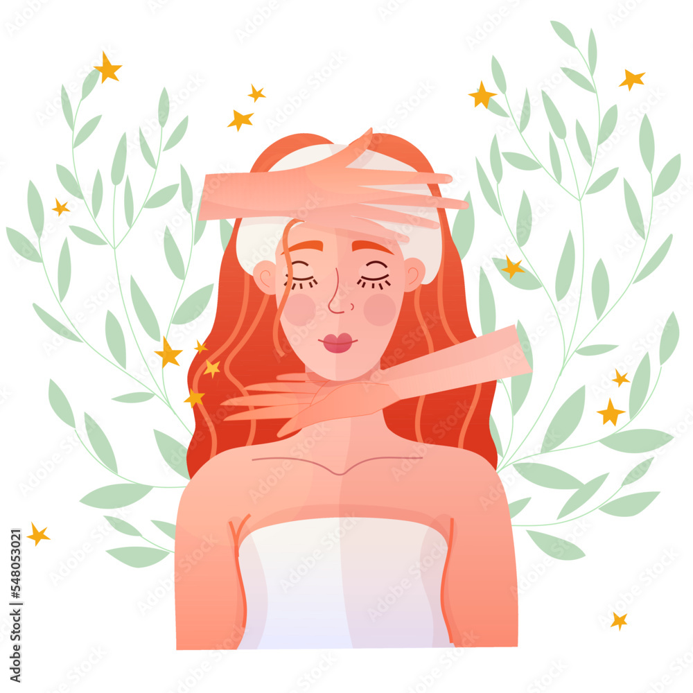 Facial massage. A beautiful girl lie on when she gets a facial massage. Spa treatments, beauty treatments, women's hands. Vector illustration Facial massage. A beautiful girl lie on when she gets a facial massage. Spa treatments, beauty treatments, women's hands. Vector illustration