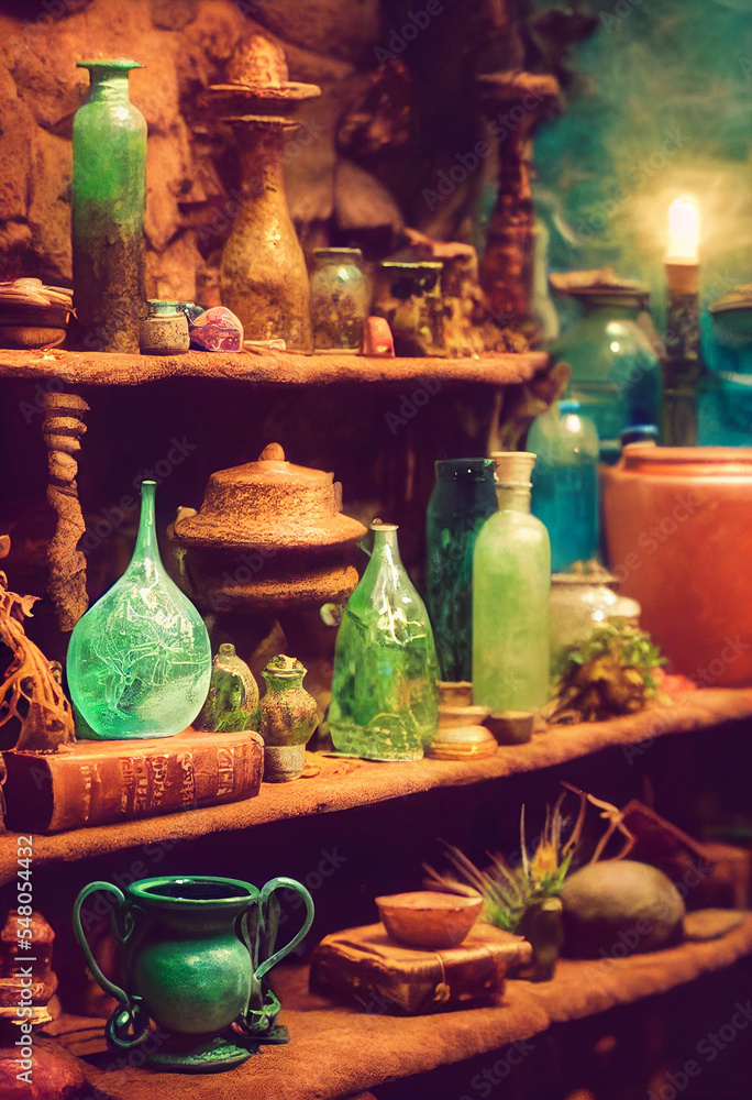Shelves on a Medieval Witch Laboratory Shelves on a Medieval Witch Laboratory