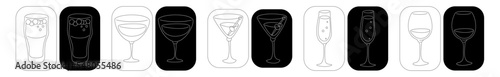 Beer vermouth martini champagne wine wineglass in thin lines. Cartoon sketch graphic design. Doodle style. Black white hand drawn image. Party drink concept for restaurant, cafe, party. Freehand drawi