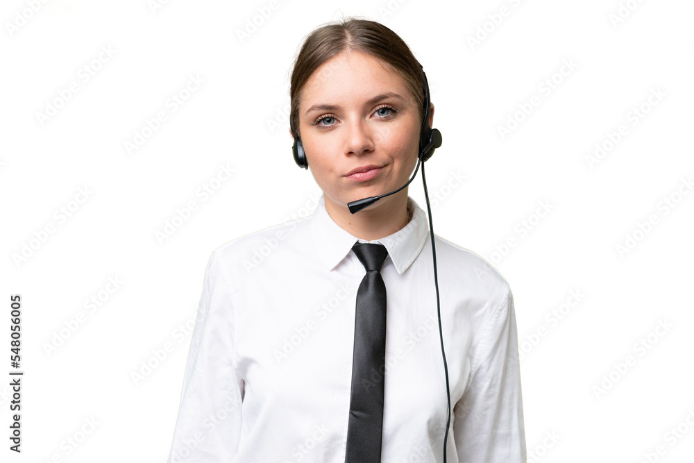 Telemarketer caucasian woman working with a headset over isolated background with sad expression Telemarketer caucasian woman working with a headset over isolated background with sad expression