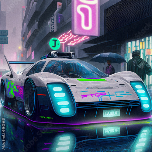 Cyberpunk Cars and City Background. Hand drawn Future style illustartion. Granular texture