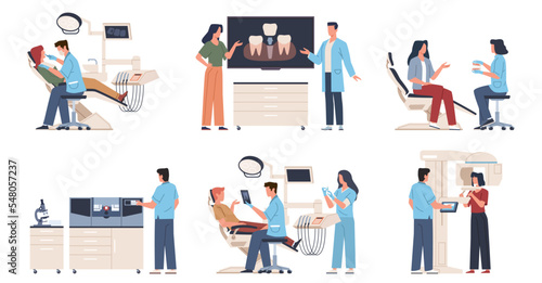 Dentist with patient. Modern dentistry, people at doctors appointment, oral cavity examination, teeth panoramic image, orthodontist clinic interior, nowaday vector cartoon flat set