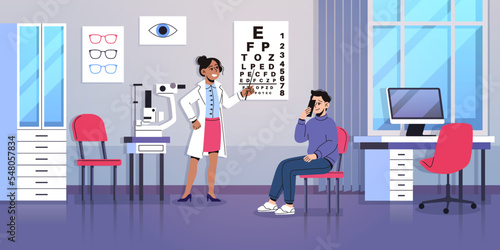 Optometrist examination. Doctor checks patient eyesight, glasses selection in optics, health care, table with letters, medical consultation in clinic, tidy vector cartoon flat concept © YummyBuum