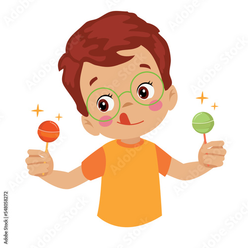 Funny girl holding lolipop Cute cartoon kid with sweet candy