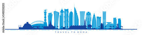 Architectural landmarks of Doha city vector silhouette illustration on white background. Famous places to visit in Qatar.