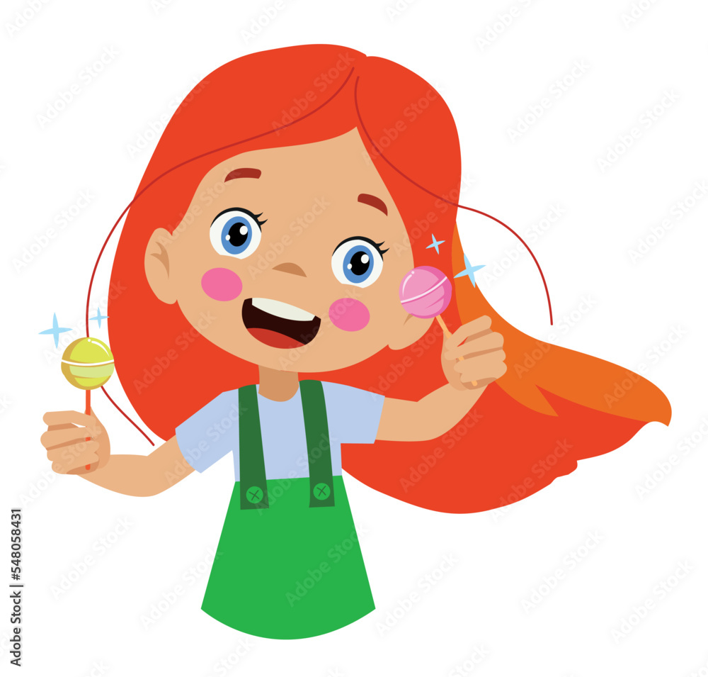 Funny girl holding lolipop Cute cartoon kid with sweet candy Funny girl holding lolipop Cute cartoon kid with sweet candy