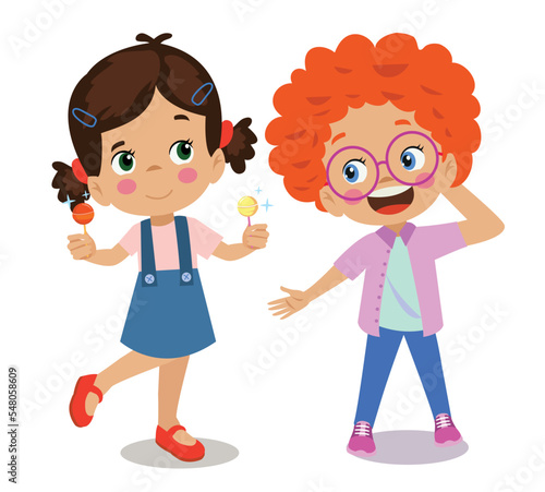 cute girl giving lollipop candy to her friend
