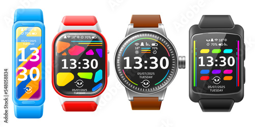 Realistic smartwatches. Electronic techno gadgets, wearable accessories, sport watches different forms, display screen with time and pedometer, 3d wristbands, utter vector set