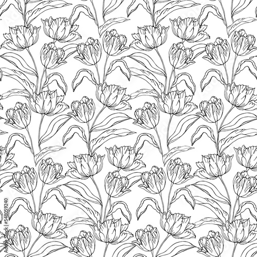 Spring tulips flower, black and white seamless pattern for textile vector background