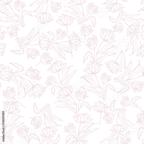 Spring tulips flower, seamless pattern for textile vector pink background © Oksana