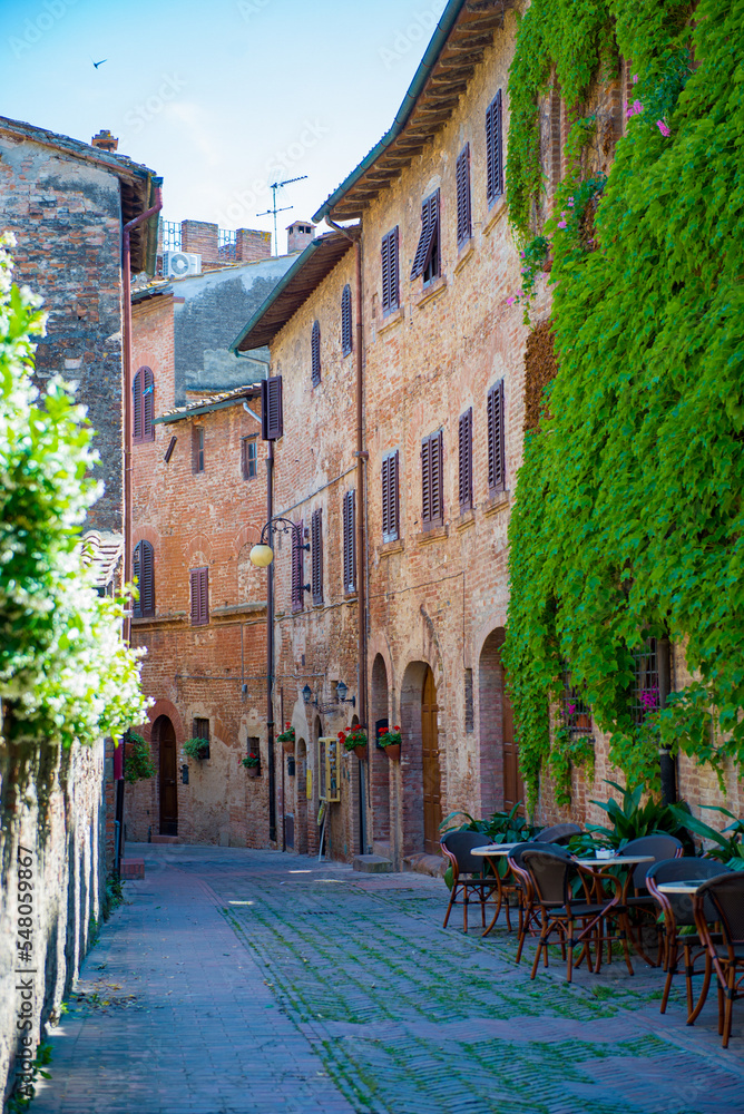 The narrow streets of Certaldo Alto in Tuscany, Italy.