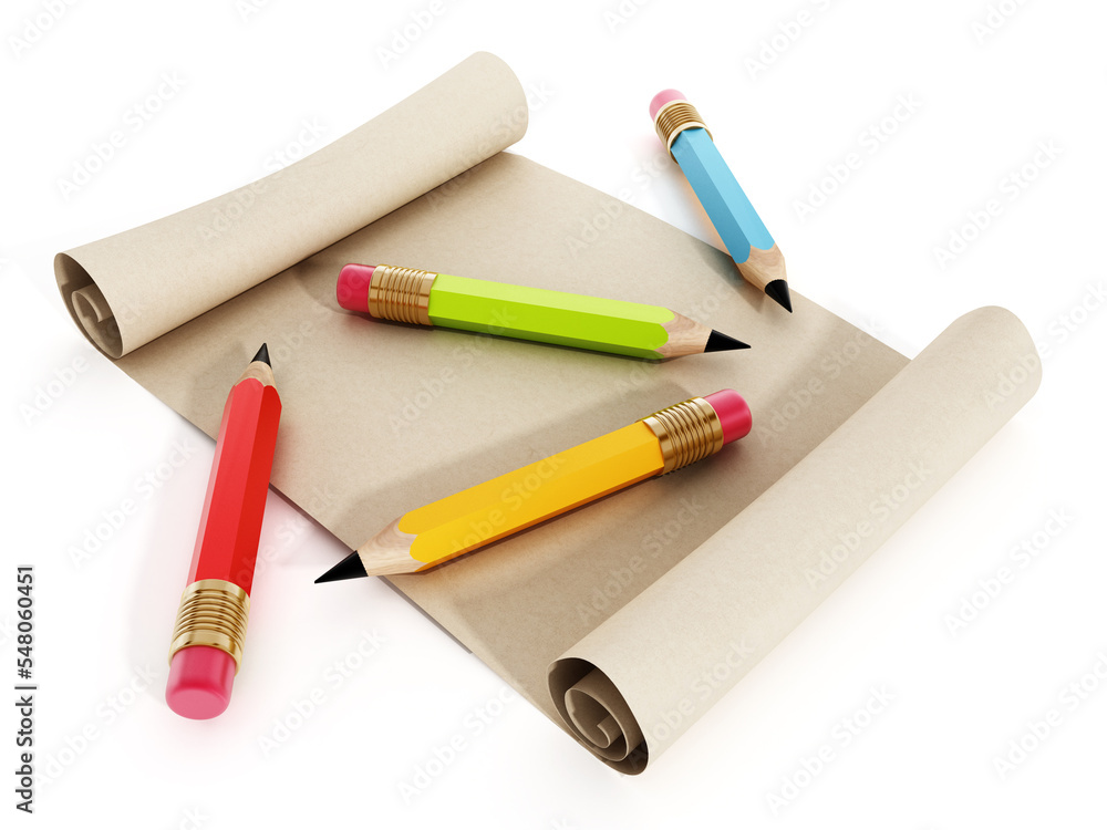 Multi colored pencils standing on rolled paper on transparent background. Multi colored pencils standing on rolled paper on transparent background.