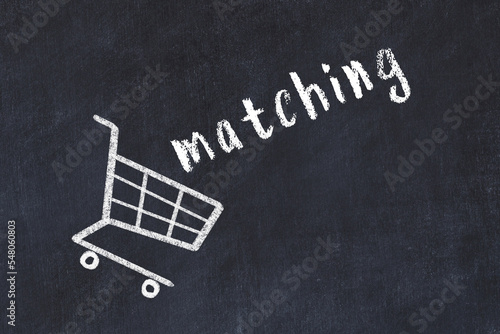 Chalk drawing of shopping cart and word matching on black chalboard. Concept of globalization and mass consuming photo