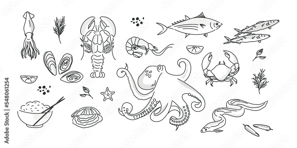 Set with seafood on white background. Hand drawn sea fishes, oysters, mussels, lobster, squid and octopus, crabs, prawns. Healthy food natural set. Vector illustration Set with seafood on white background. Hand drawn sea fishes, oysters, mussels, lobster, squid and octopus, crabs, prawns. Healthy food natural set. Vector illustration