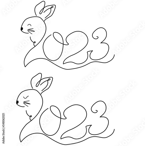 Continuous one-line drawing of Bunny symbol of the 2023 year.Rabbit silhouette with ears in simple linear style for winter design greeting card and web banner. Doodle Vector illustration