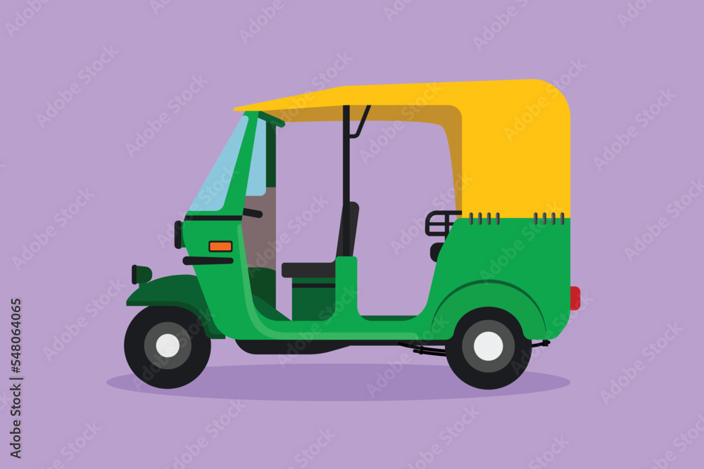 Cartoon flat style drawing side view of rickshaw is a traditional transportation in India which is still operating until now serving passengers. Vehicles on roadway. Graphic design vector illustration