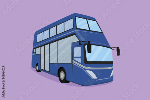 Cartoon flat style drawing double decker buses take tourists around and enjoy old city tour package. Promising transportation business. Public vehicle. Urban life. Graphic design vector illustration