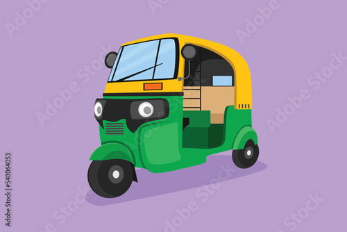 Graphic flat design drawing rickshaw traditional transportation in India which serves local passenger or foreign tourist who are on vacation. Vehicles on the roadway. Cartoon style vector illustration
