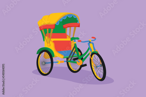 Character flat style drawing cycle rickshaw with three wheels and rear passenger seat is an ancient vehicle in several Asian countries. Traditional transportation. Cartoon design vector illustration