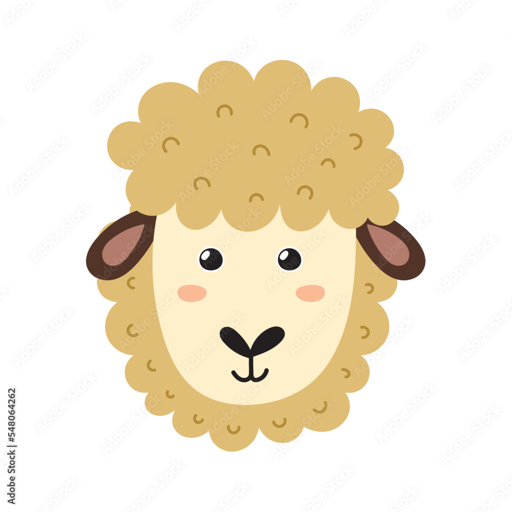 Cute sheep face in cartoon style. Farm character head for baby and kids design. Funny smiling animal print. Vector illustration Cute sheep face in cartoon style. Farm character head for baby and kids design. Funny smiling animal print. Vector illustration