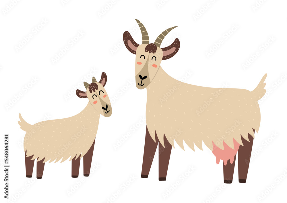 Naklejka premium Mother goat with her baby kid. Cute farm animal characters - mom and her child. Mother Day print for kids. Vector illustration