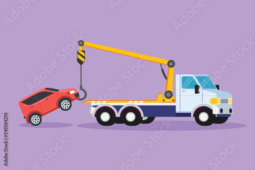Character flat drawing tow truck is lifting the broken car to be lifted onto it using the crane. Damaged car in traffic accident. Service assistance on the highway. Cartoon design vector illustration