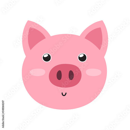 Cute pig face in cartoon style. Farm character head for baby and kids design. Funny smiling animal print. Vector illustration
