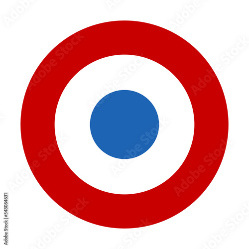 Badge roundel French Air force flag vector illustration isolated. Proud military symbol of France. National coat of arms of soldier troops. Patriotic air plane emblem. resistance movement WW2 legacy.