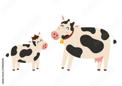 Mother cow with her baby calf. Cute farm animal characters - mom and her child. Mother Day print for kids. Vector illustration