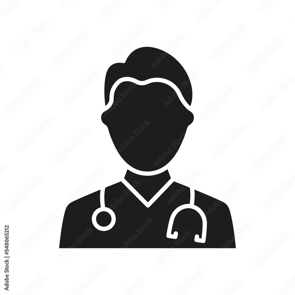 Fototapeta premium Professional Doctor with Stethoscope Silhouette Icon. Male Physicians Specialist and Assistant Glyph Black Pictogram. Isolated Vector Illustration