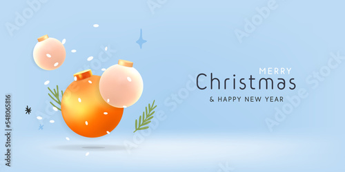 Merry Christmas and happy new year 2023 banner with 3d vector realistic render decoration balls or bauble flying with pine tree brunches and confetti design banner