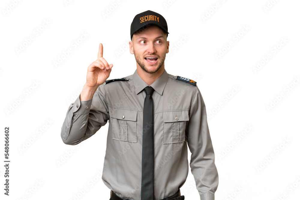 Young security caucasian man over isolated background intending to realizes the solution while lifting a finger up Young security caucasian man over isolated background intending to realizes the solution while lifting a finger up