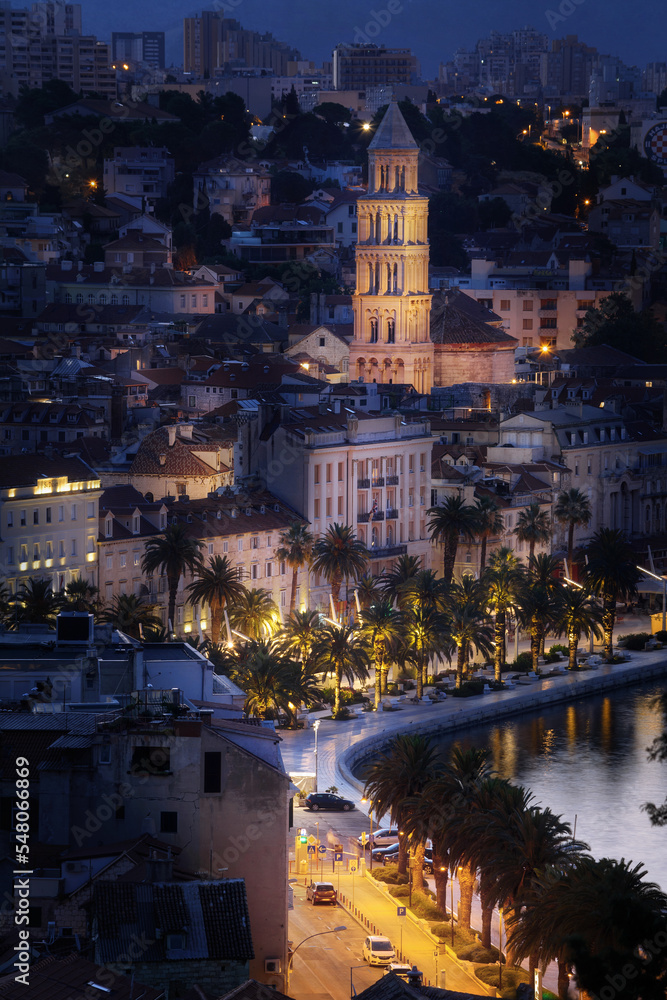 View of the centre of Split with an old town and promenade at night. Illumination. Split. Croatia.