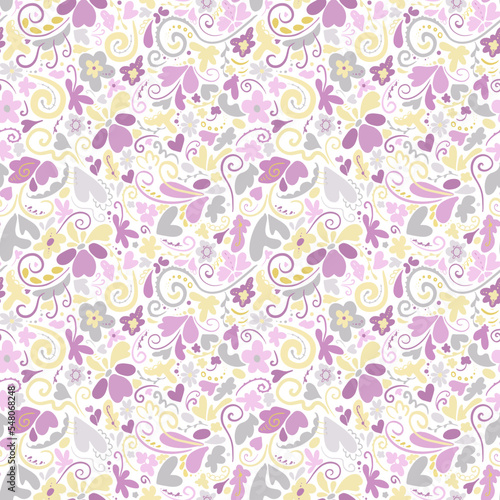 Gentle yellow-pink pattern of flower petals, spirals, abstract shapes. Seamless vector image on a transparent background