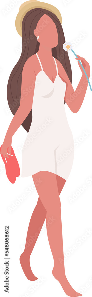 Girl walking barefoot and enjoying summer flower semi flat color raster character. Posing figure. Full body person on white. Simple cartoon style illustration for web graphic design and animation Girl walking barefoot and enjoying summer flower semi flat color raster character. Posing figure. Full body person on white. Simple cartoon style illustration for web graphic design and animation