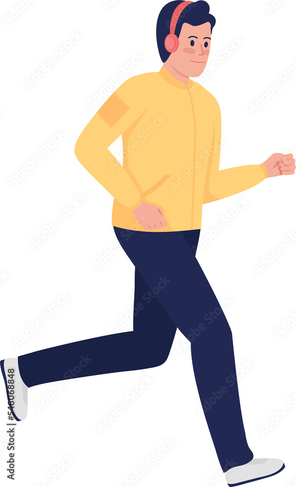 Smiling male athlete with earphones semi flat color raster character. Running figure. Full body person on white. Sportsperson simple cartoon style illustration for web graphic design and animation Smiling male athlete with earphones semi flat color raster character. Running figure. Full body person on white. Sportsperson simple cartoon style illustration for web graphic design and animation